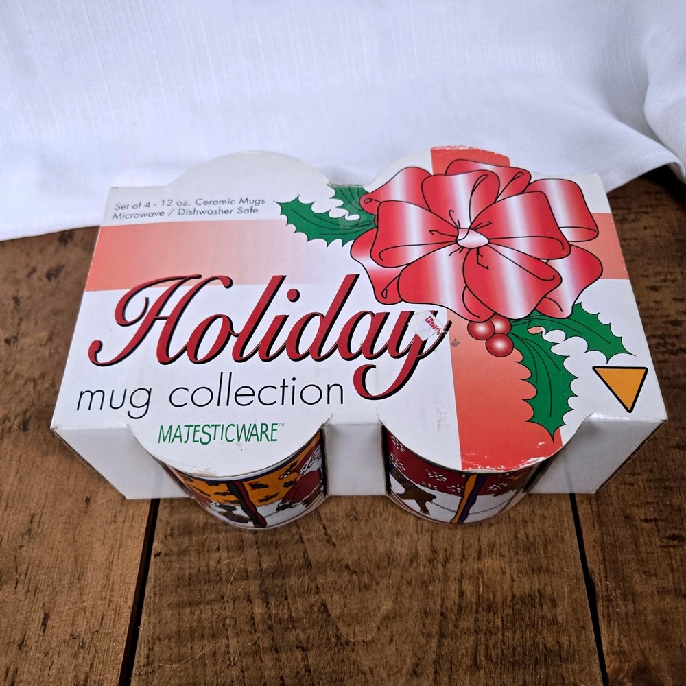 Majesticware Holiday Mug Collection Set of 4 Christmas 12oz Ceramic Mugs NIB